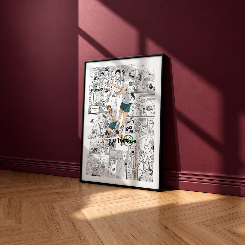 Date Tech High manga poster inspired by Haikyu!! in a black frame against a burgundy wall
