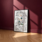 Date Tech High manga poster inspired by Haikyu!! in a black frame against a burgundy wall