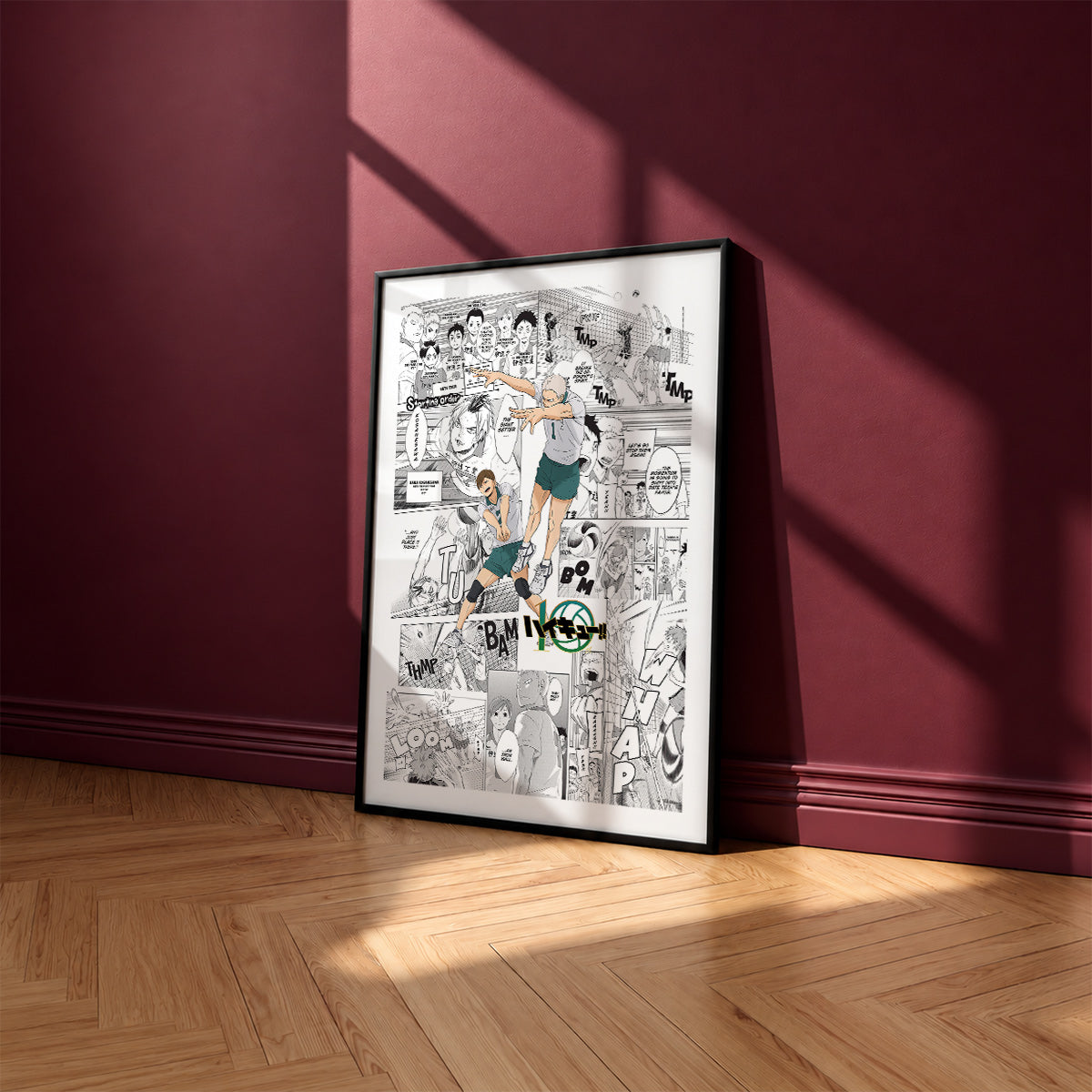 Date Tech High manga poster inspired by Haikyu!! in a black frame against a burgundy wall