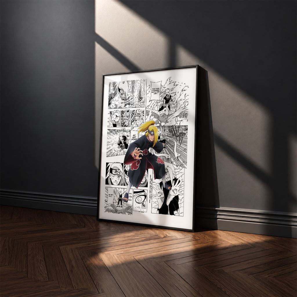 Deidara manga poster inspired by Naruto in a black frame against a charcoal gray wall