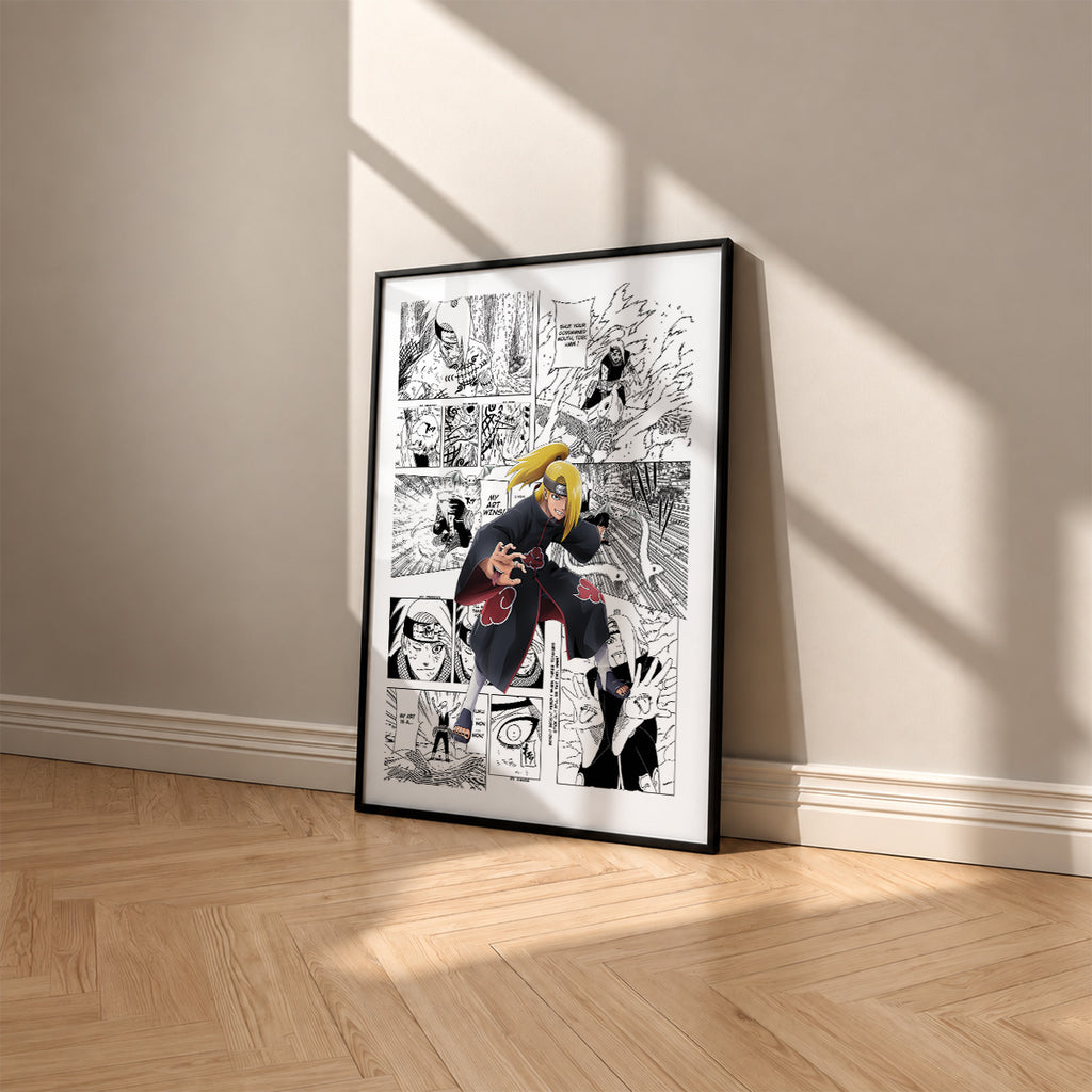 Deidara manga poster inspired by Naruto in a black frame against a warm beige wall