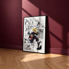 Deidara manga poster inspired by Naruto in a black frame against a burgundy wall