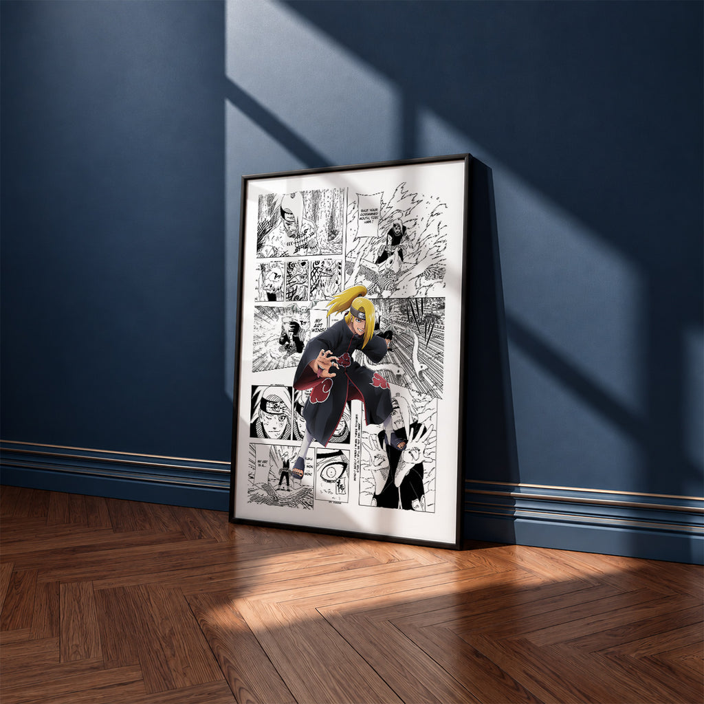 Deidara manga poster inspired by Naruto in a black frame against a navy blue wall