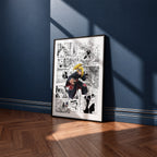 Deidara manga poster inspired by Naruto in a black frame against a navy blue wall