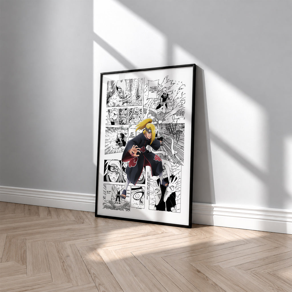 Deidara manga poster inspired by Naruto in a black frame against a light gray wall