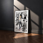Denji manga poster inspired by Chainsaw Man in a black frame against a charcoal gray wall