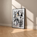 Denji manga poster inspired by Chainsaw Man in a black frame against a warm beige wall