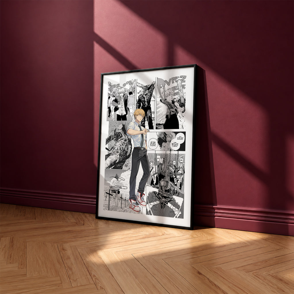 Denji manga poster inspired by Chainsaw Man in a black frame against a burgundy wall