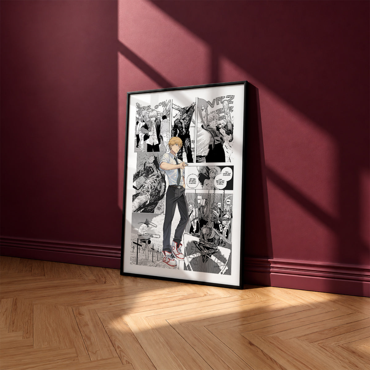 Denji manga poster inspired by Chainsaw Man in a black frame against a burgundy wall