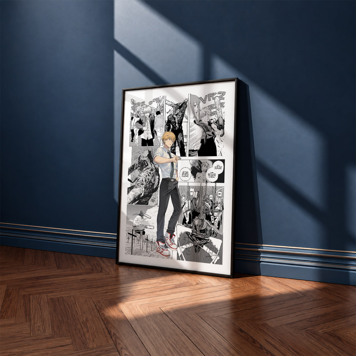 Denji manga poster inspired by Chainsaw Man in a black frame against a navy blue wall
