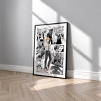 Denji manga poster inspired by Chainsaw Man in a black frame against a light gray wall