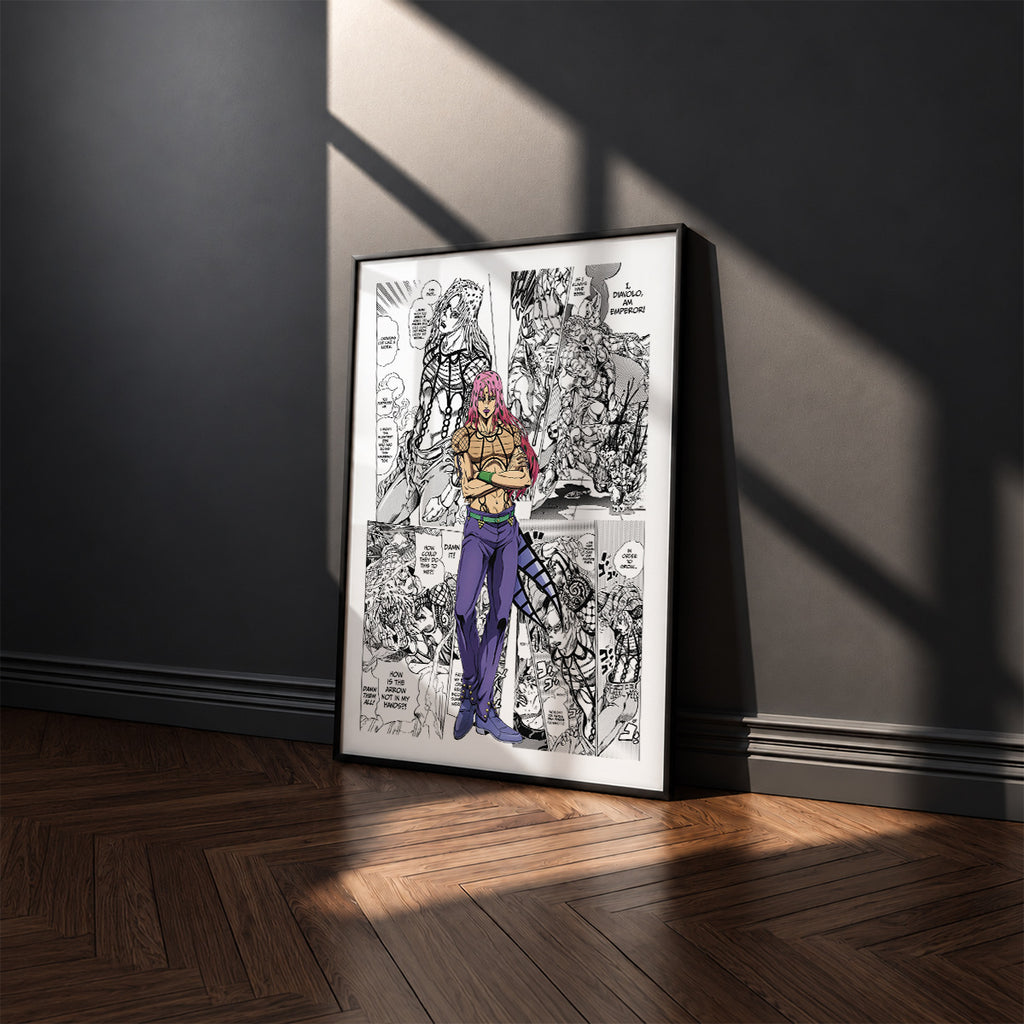 Diavolo manga poster inspired by JoJo's Bizarre Adventure in a black frame against a charcoal gray wall