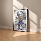 Diavolo manga poster inspired by JoJo's Bizarre Adventure in a black frame against a warm beige wall