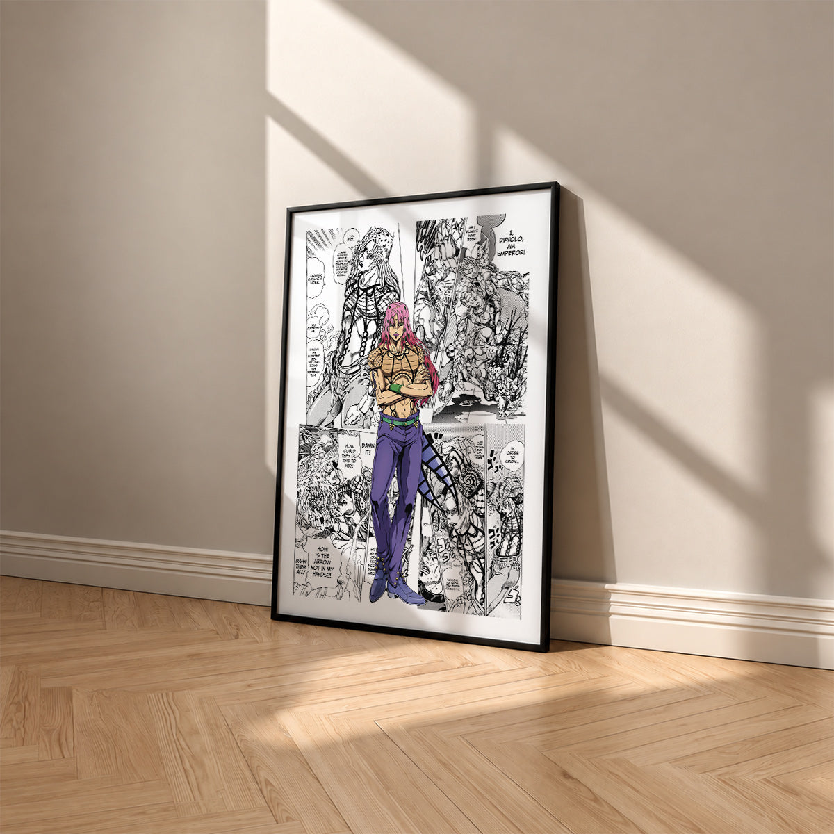 Diavolo manga poster inspired by JoJo's Bizarre Adventure in a black frame against a warm beige wall
