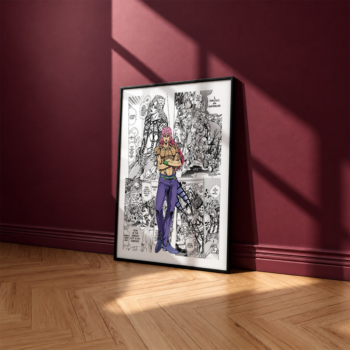 Diavolo manga poster inspired by JoJo's Bizarre Adventure in a black frame against a burgundy wall