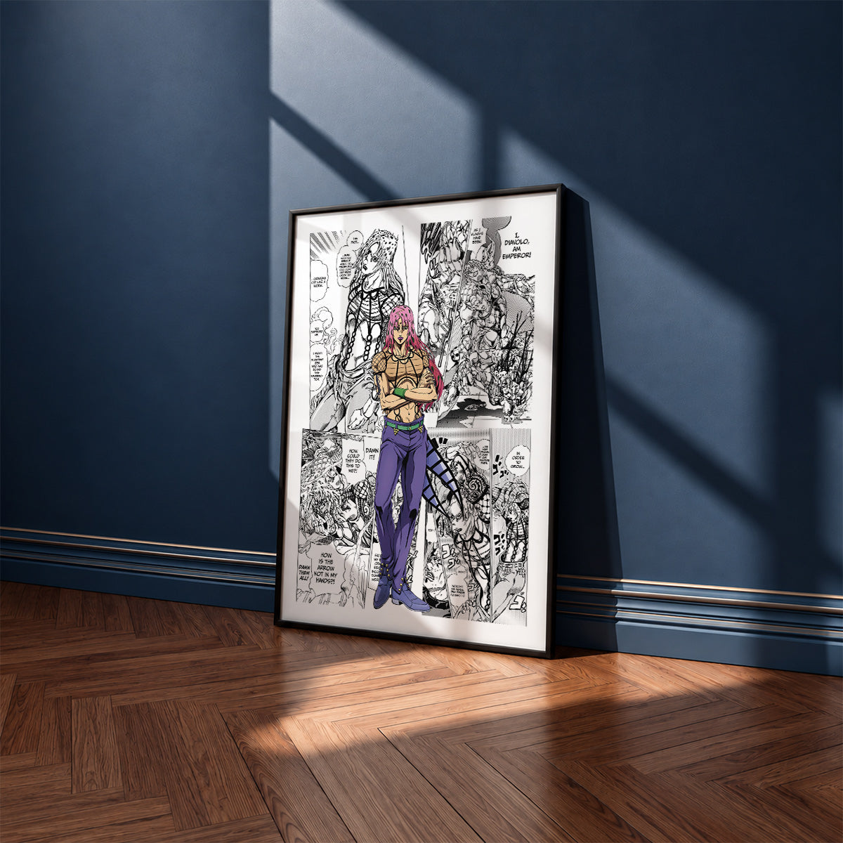 Diavolo manga poster inspired by JoJo's Bizarre Adventure in a black frame against a navy blue wall