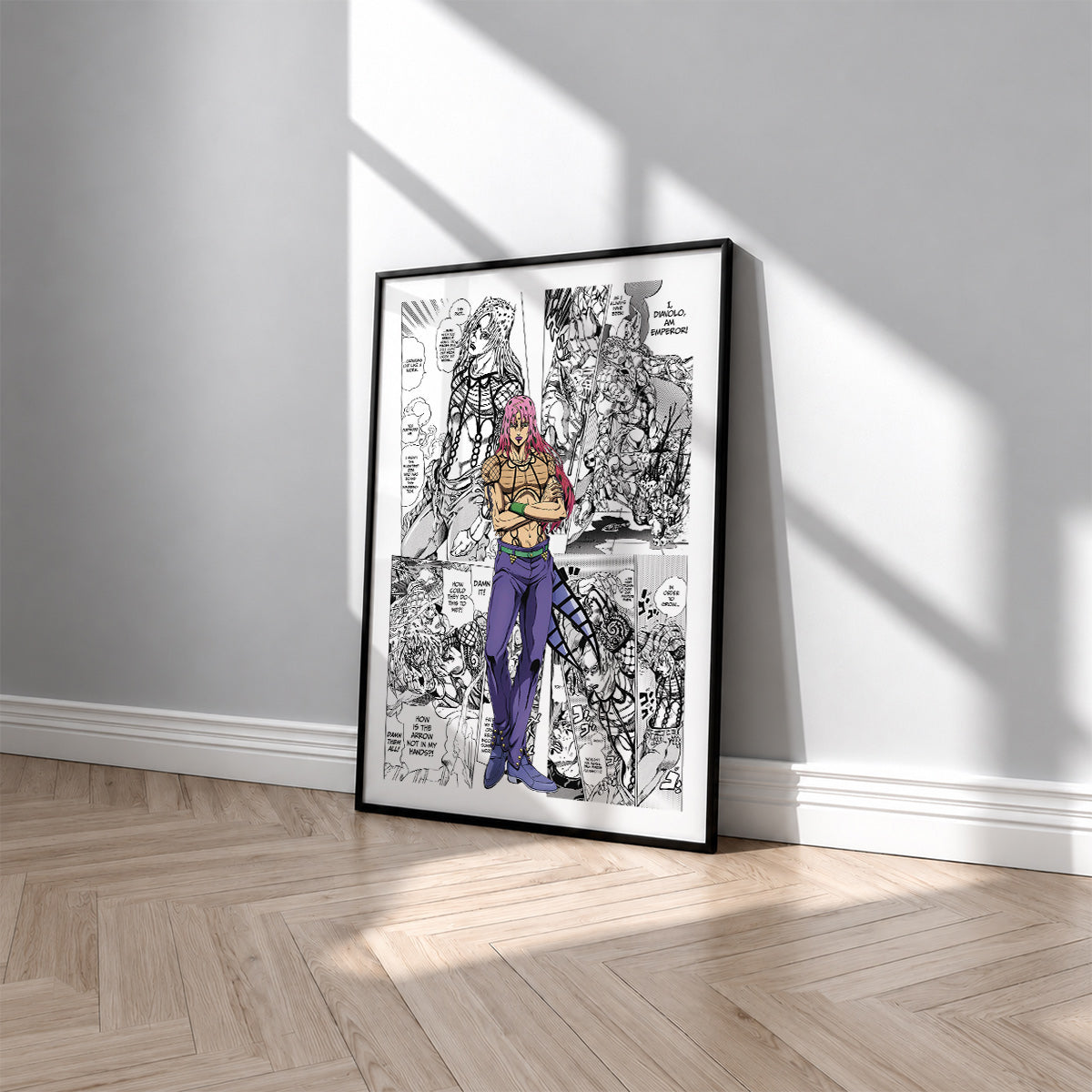 Diavolo manga poster inspired by JoJo's Bizarre Adventure in a black frame against a light gray wall