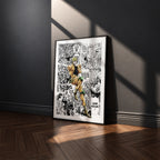 Dio Brando manga poster inspired by JoJo's Bizarre Adventure in a black frame against a charcoal gray wall
