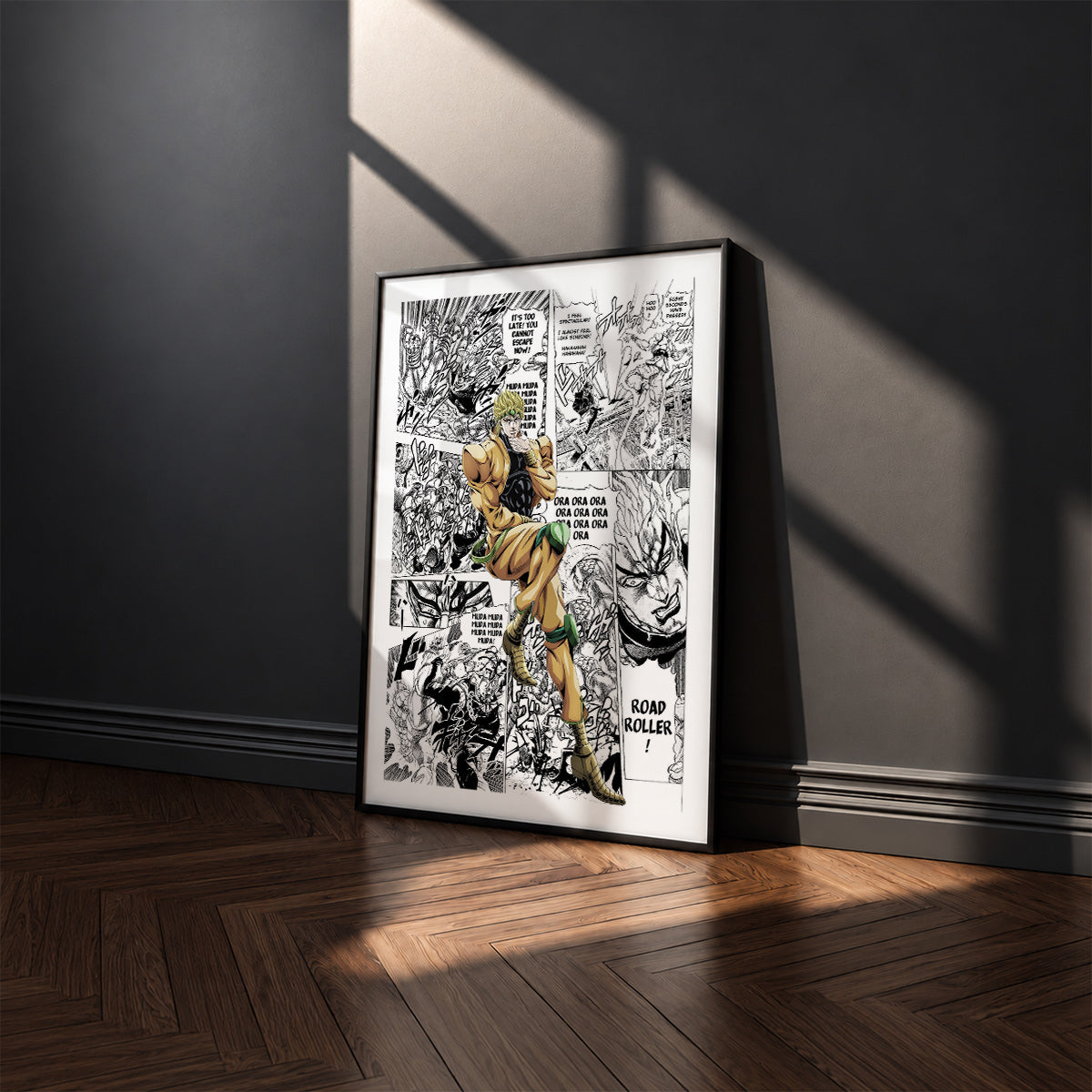 Dio Brando manga poster inspired by JoJo's Bizarre Adventure in a black frame against a charcoal gray wall
