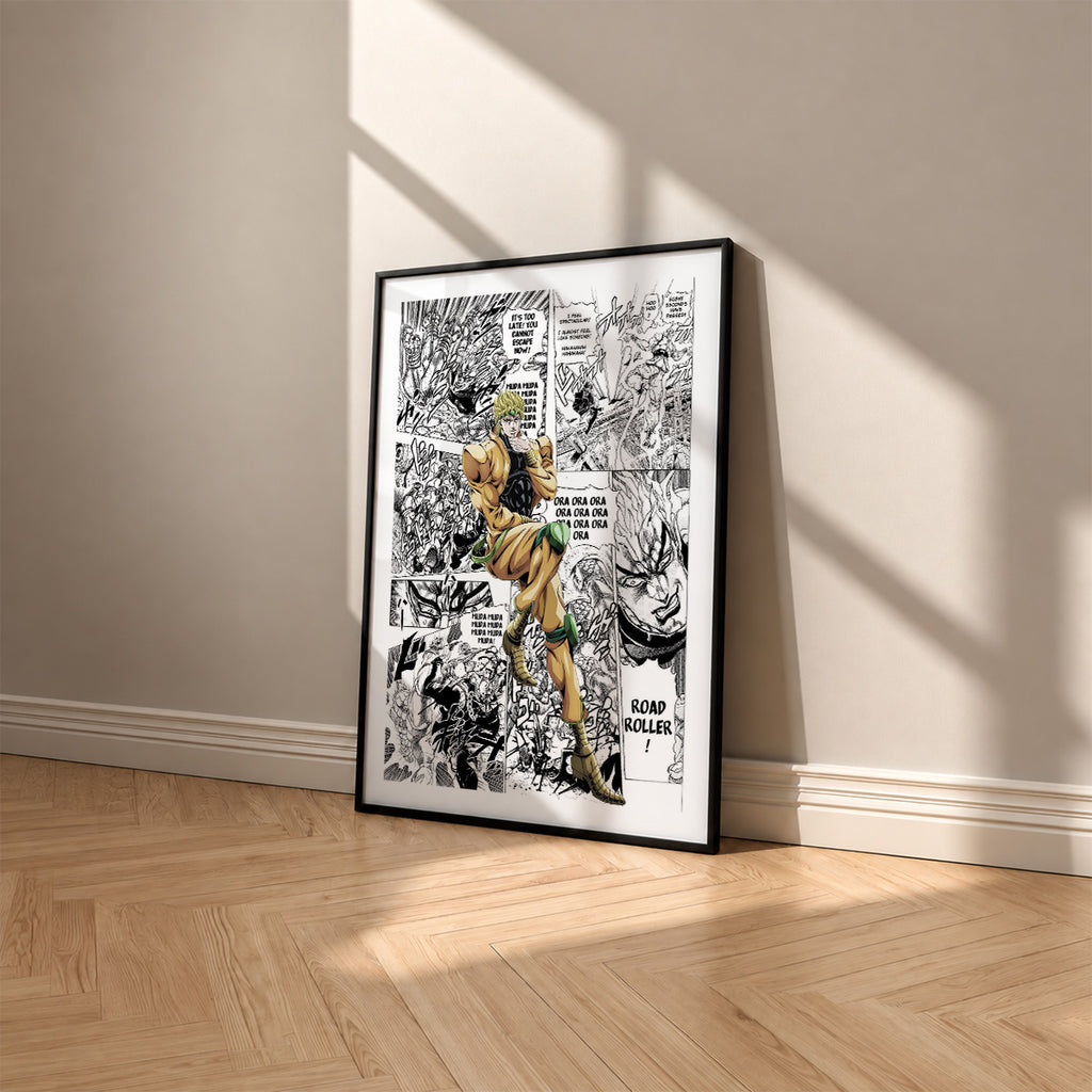 Dio Brando manga poster inspired by JoJo's Bizarre Adventure in a black frame against a warm beige wall