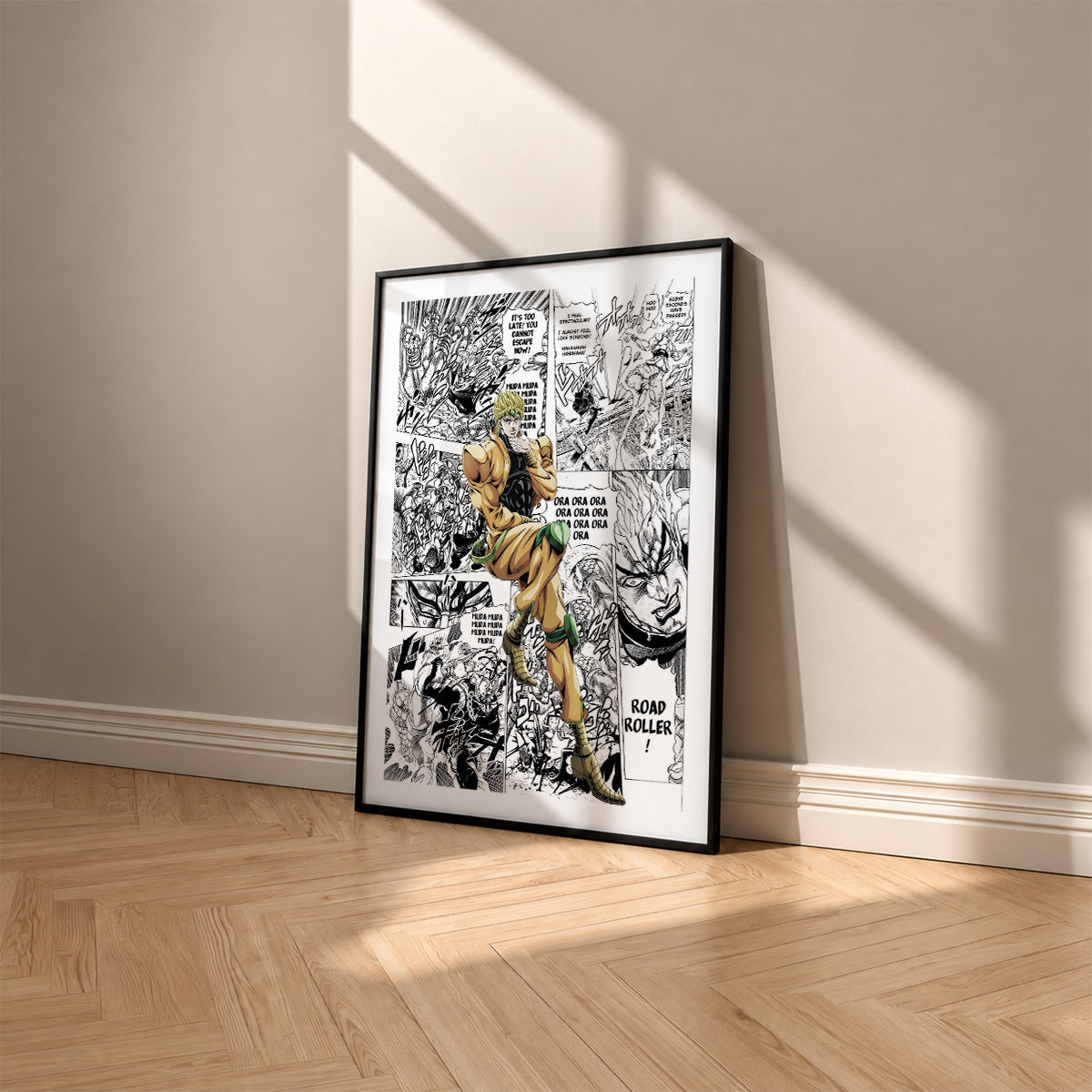 Dio Brando manga poster inspired by JoJo's Bizarre Adventure in a black frame against a warm beige wall