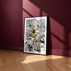 Dio Brando manga poster inspired by JoJo's Bizarre Adventure in a black frame against a burgundy wall