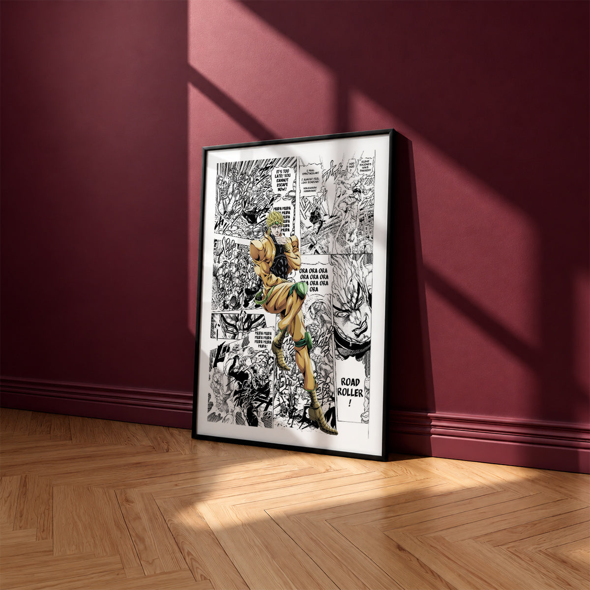 Dio Brando manga poster inspired by JoJo's Bizarre Adventure in a black frame against a burgundy wall