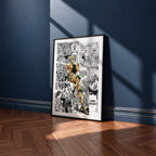 Dio Brando manga poster inspired by JoJo's Bizarre Adventure in a black frame against a navy blue wall