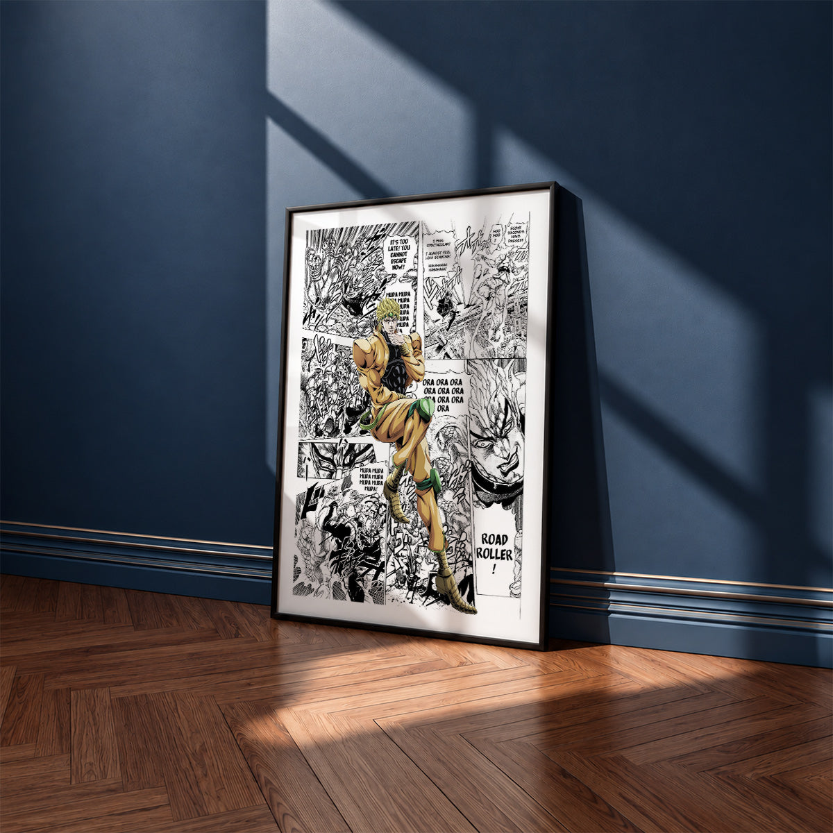 Dio Brando manga poster inspired by JoJo's Bizarre Adventure in a black frame against a navy blue wall