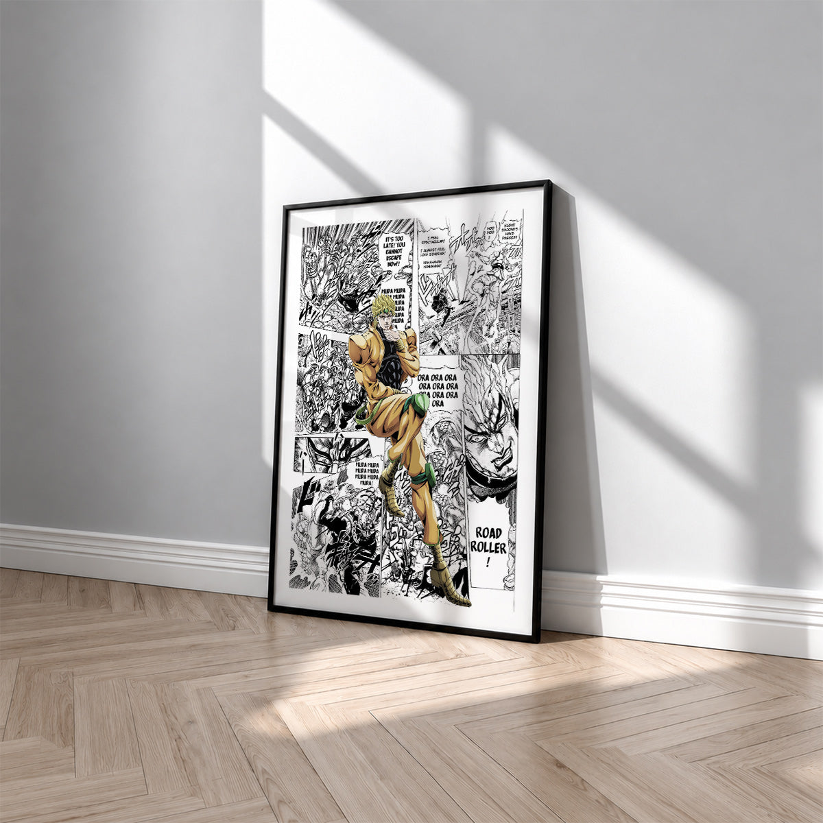 Dio Brando manga poster inspired by JoJo's Bizarre Adventure in a black frame against a light gray wall