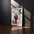 Doma manga poster inspired by Demon Slayer in a black frame against a charcoal gray wall