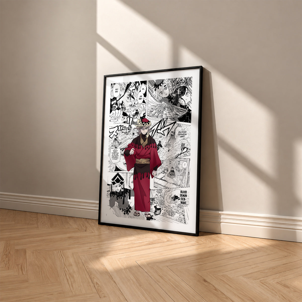 Doma manga poster inspired by Demon Slayer in a black frame against a warm beige wall