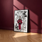 Doma manga poster inspired by Demon Slayer in a black frame against a burgundy wall