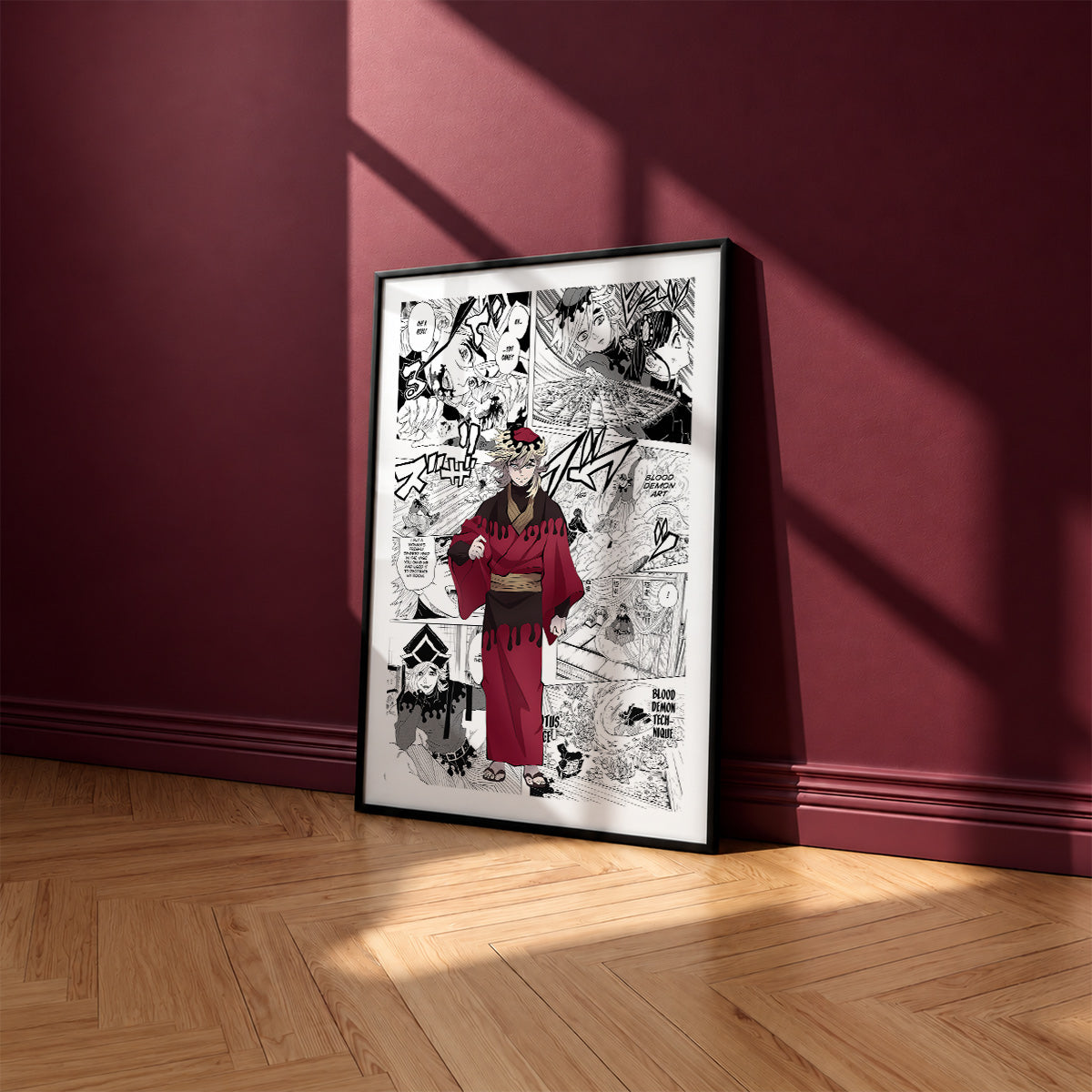 Doma manga poster inspired by Demon Slayer in a black frame against a burgundy wall