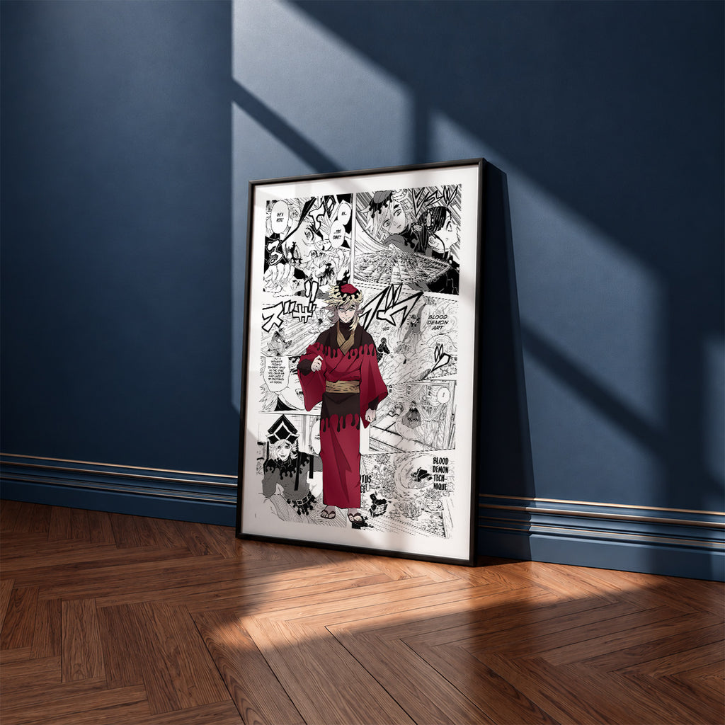 Doma manga poster inspired by Demon Slayer in a black frame against a navy blue wall