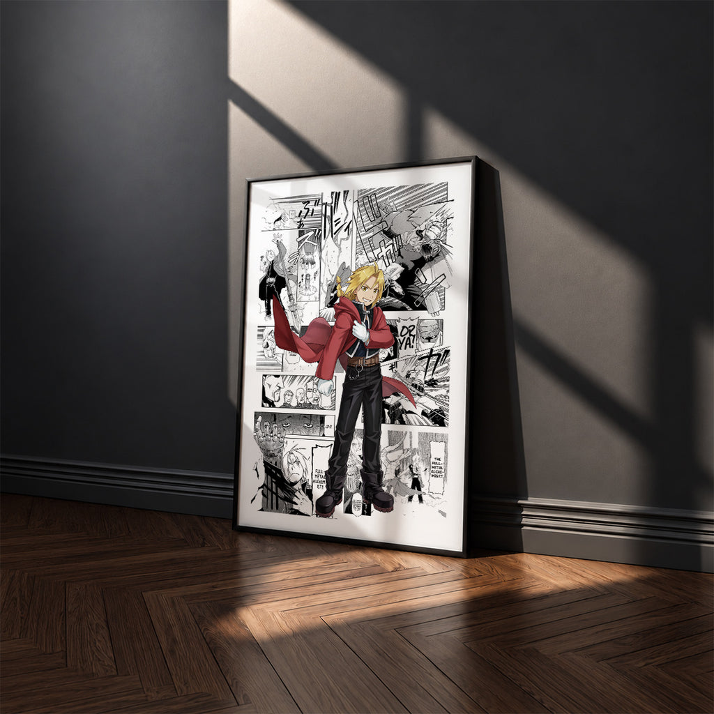 Edward Elric manga poster inspired by Fullmetal Alchemist in a black frame against a charcoal gray wall