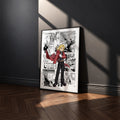 Edward Elric manga poster inspired by Fullmetal Alchemist in a black frame against a charcoal gray wall