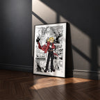 Edward Elric manga poster inspired by Fullmetal Alchemist in a black frame against a charcoal gray wall