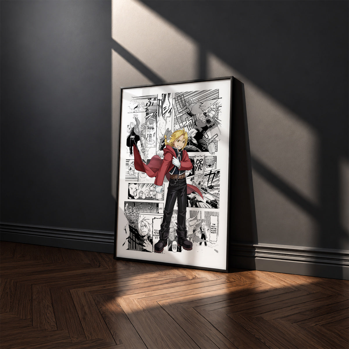 Edward Elric manga poster inspired by Fullmetal Alchemist in a black frame against a charcoal gray wall