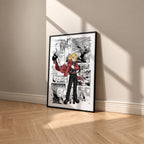 Edward Elric manga poster inspired by Fullmetal Alchemist in a black frame against a warm beige wall