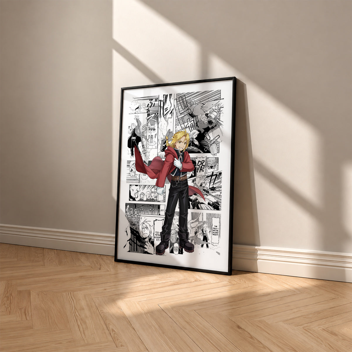 Edward Elric manga poster inspired by Fullmetal Alchemist in a black frame against a warm beige wall