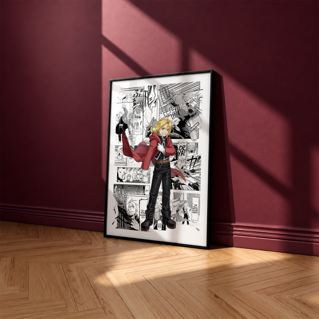 Edward Elric manga poster inspired by Fullmetal Alchemist in a black frame against a burgundy wall