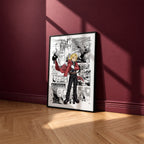 Edward Elric manga poster inspired by Fullmetal Alchemist in a black frame against a burgundy wall