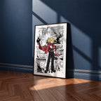 Edward Elric manga poster inspired by Fullmetal Alchemist in a black frame against a navy blue wall