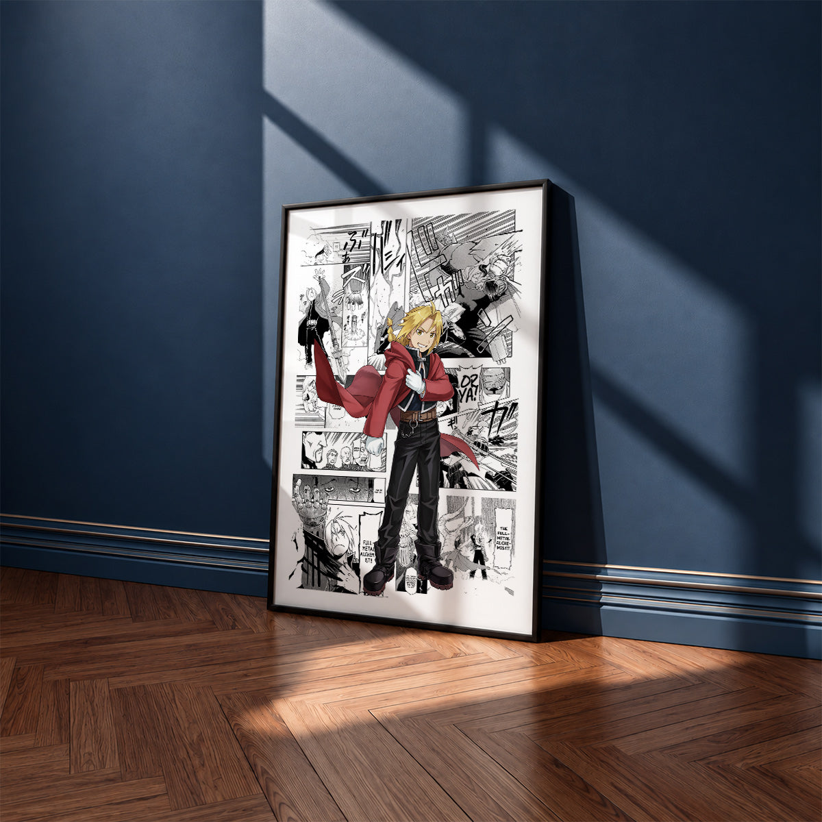Edward Elric manga poster inspired by Fullmetal Alchemist in a black frame against a navy blue wall