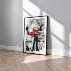 Edward Elric manga poster inspired by Fullmetal Alchemist in a black frame against a light gray wall