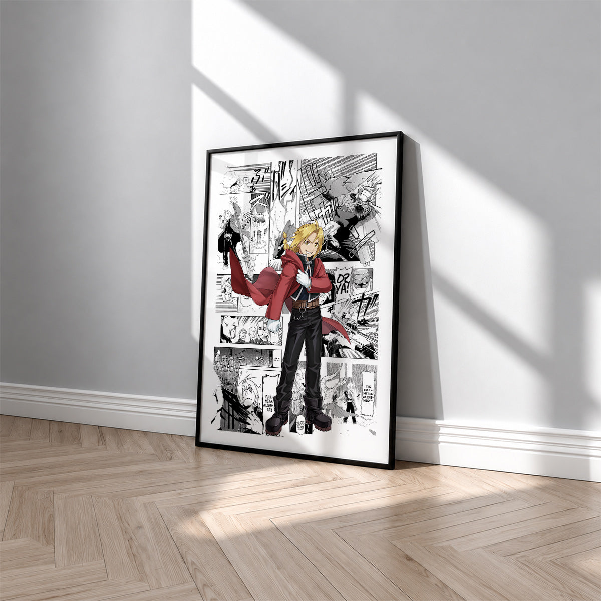 Edward Elric manga poster inspired by Fullmetal Alchemist in a black frame against a light gray wall