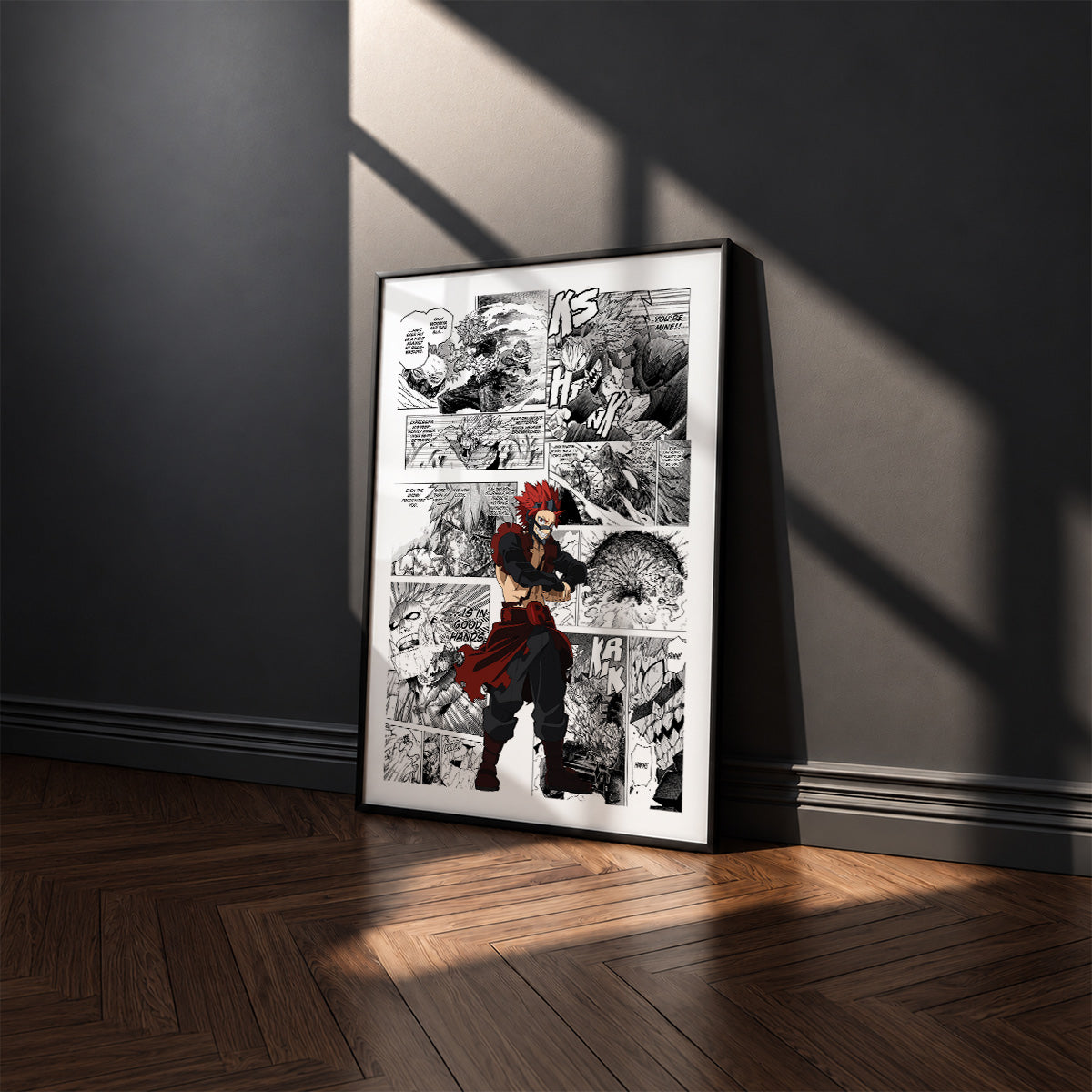 Eijiro Kirishima manga poster inspired by My Hero Academia in a black frame against a charcoal gray wall
