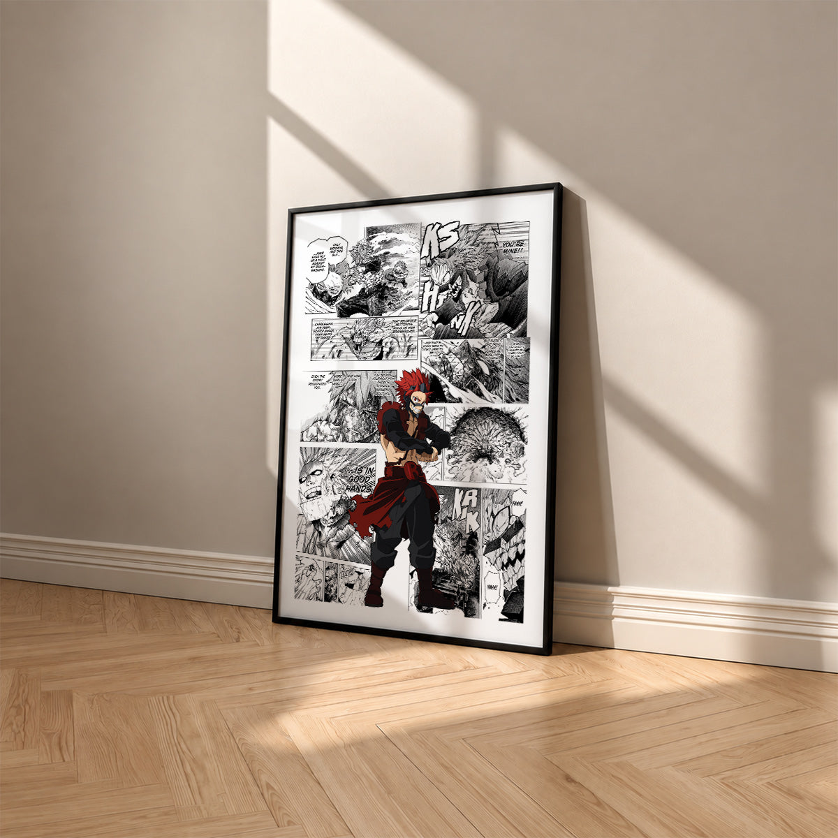 Eijiro Kirishima manga poster inspired by My Hero Academia in a black frame against a warm beige wall