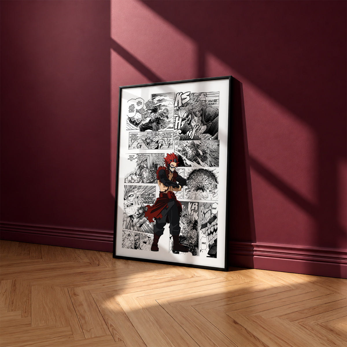 Eijiro Kirishima manga poster inspired by My Hero Academia in a black frame against a burgundy wall